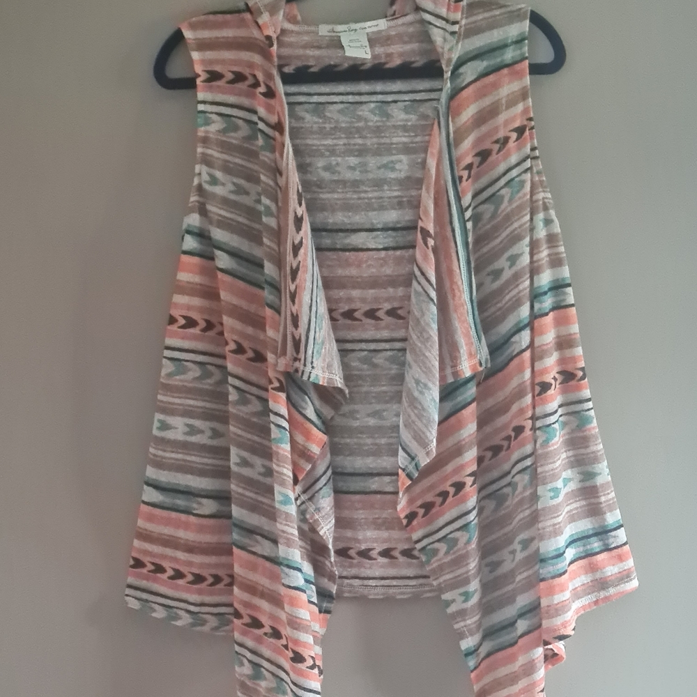 Women's American Rag Aztec Print Vest Open Front Cardigan Draped w hood Size L